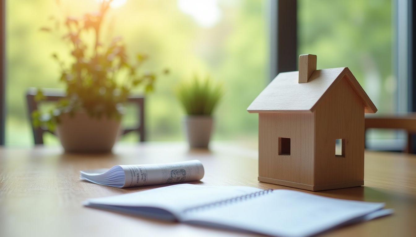 A neat wooden desk by a bright window with a notebook of home numbers, a small plant and a cup of tea, soft emerald morning light on the pages — home money and budget planning guide