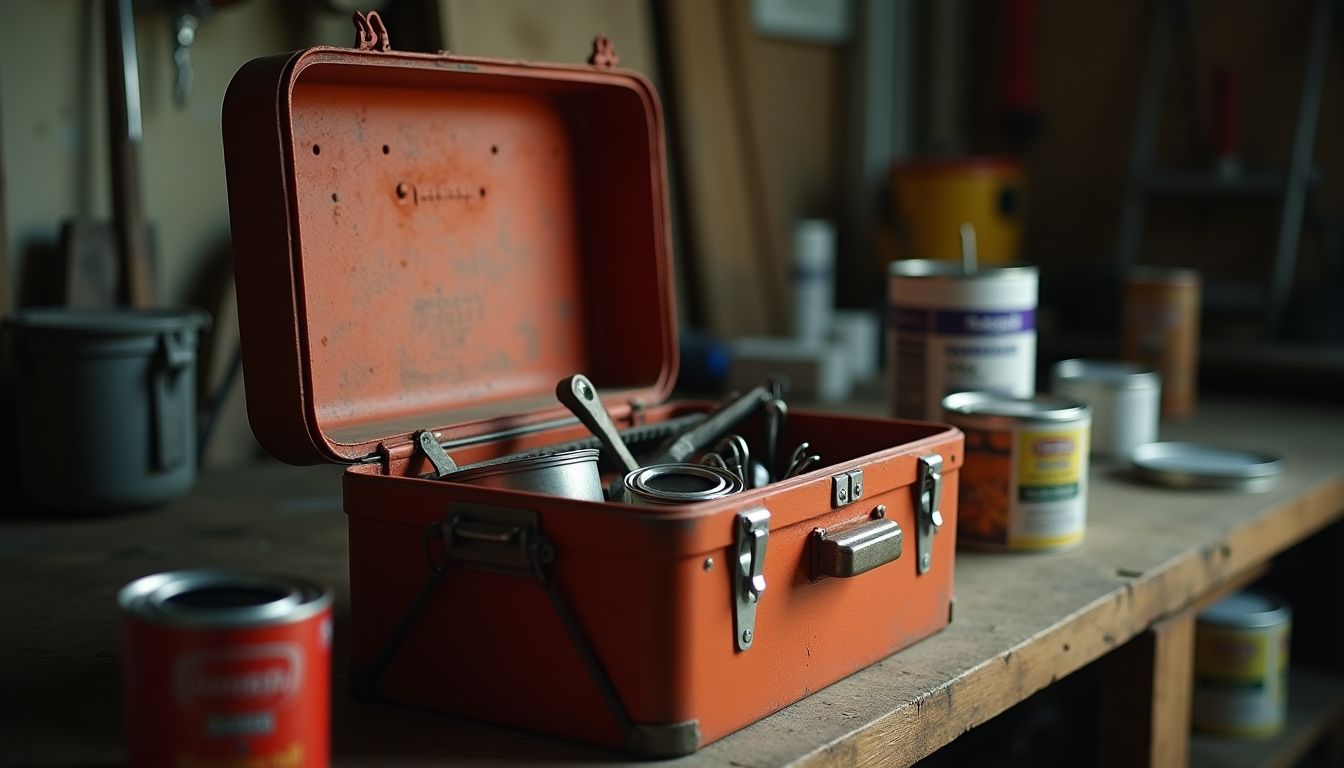A tidy toolbox on a garage workbench with a folded seasonal checklist beside it, warm emerald-toned workshop light through a window, calm organised upkeep mood — home repair and maintenance guide